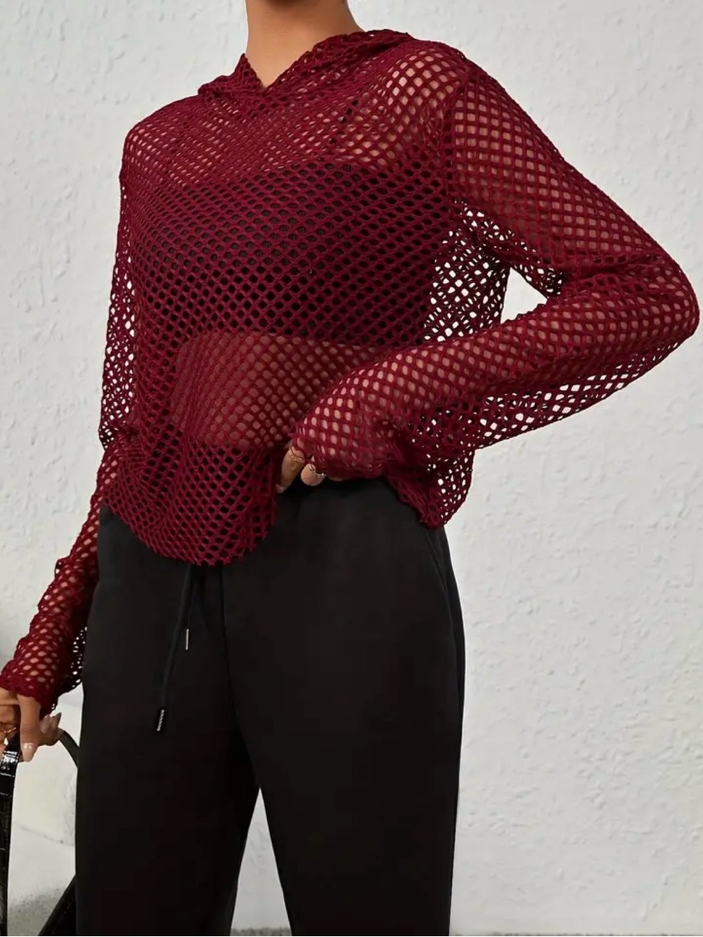 Burgundy Red Fishnet Long Sleeve Hoodie